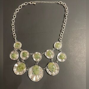 Statement Silver Tone Green Stone Bib Necklace | Boho Chunky Pendant Necklace